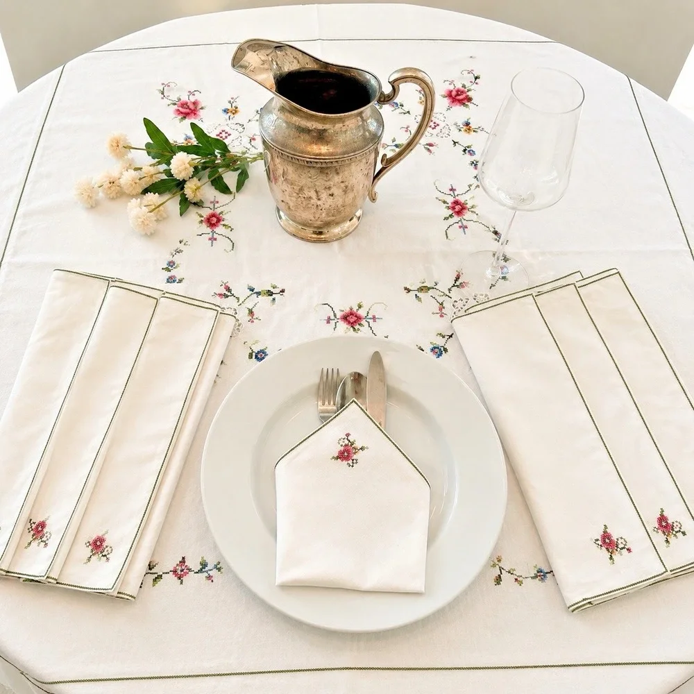 Vintage Hand Embroidered Linen Cross Stitch Tablecloth 7 Napkins Floral 63 x 63